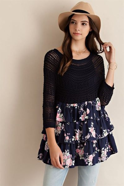 Sweet Elsa Floral Top - Navy