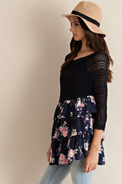 Sweet Elsa Floral Top - Navy