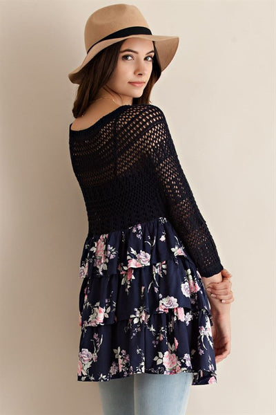Sweet Elsa Floral Top - Navy