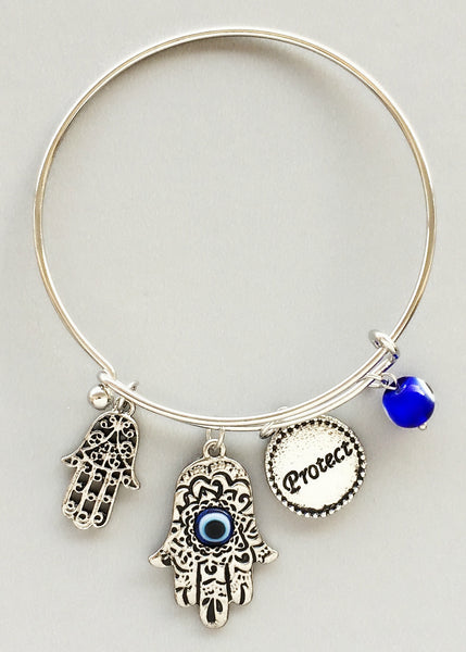 Beautiful Hamsa & Evil Eye Charm Bangle - Silver